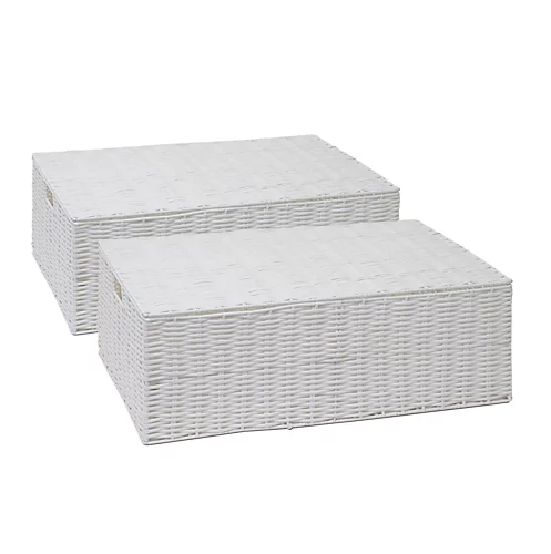 Arpan Resin Woven Under Bed Storage Box, Chest Shelf Toy Clothes Basket With Lid - White Set Of 2