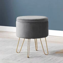 BARBARA MODERN VELVET ROUND STORAGE POUFFE OTTOMAN FOOTSTOOL VANITY DRESSING SEAT STOOL (Grey)