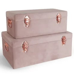 Beautify Storage Trunks - Set Of 2 Pink Velvet Finish Storage Chests W/Rose Gold Detailing, Stackable Organiser W/Lockable Lids