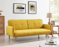 Belmont 3 Seater Fabric Sofa Bed With Natural Wooden Legs Tufted Backrest, Mustard