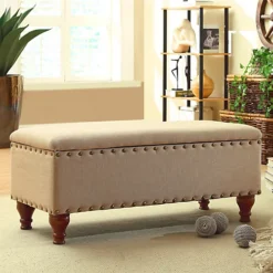 Chelsea Sorage Ottoman Bench - Tan/Brass Upholstered With Flip Lid.