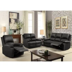 Comfy Living Luxury Reclining Leather Sofa Set In Black- 3 Piece, 2 Piece
