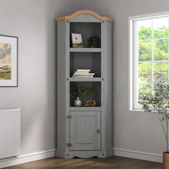 Corona Grey Corner Display Unit Bookcase Pine Cupboard 3 Book Shelves