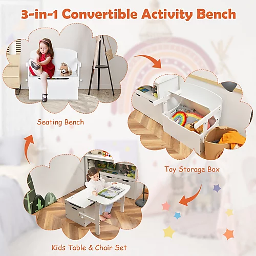 Costway 3-in-1 Kids Convertible Activity Bench Toy Box White 5 Costway 3-in-1 Kids Convertible Activity Bench Toy Box White - Image 3