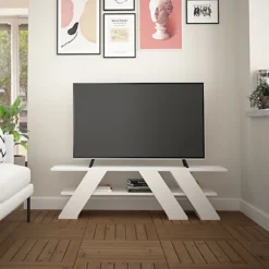 Decortie Fella Modern TV Stand Multimedia Centre TV Unit White With Shelves 140cm