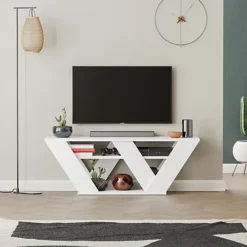 Decortie Pipralla Modern TV Stand Multimedia Centre TV Unit White With Shelves 110cm