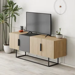 Decortie Tontini Modern TV Stand Multimedia Centre TV Unit Oak Anthracite Grey With Storage Cabinet 140cm -Furniture Store decortie tontini modern tv stand multimedia centre tv unit oak anthracite grey with storage cabinet 140cm8680812121371 04c MP