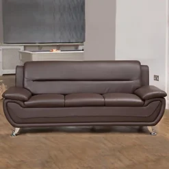 Dexter 200cm Wide Contemporary Brown Bonded Leather 3 Seat Sofa With Chrome Legs