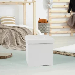 Foldable 38x38cm Cube Faux Leather Storage Box Ottoman Footstool White
