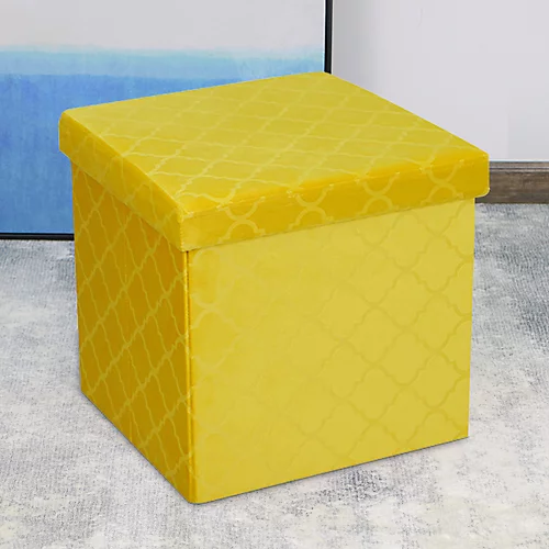 Foldable Velvet Lattice Trellis Storage Box Ottoman Cube 38cmX38cm For Bedroom, Living Room, Hallway - Ochre Yellow 3 Foldable Velvet Lattice Trellis Storage Box Ottoman Cube 38cmX38cm For Bedroom, Living Room, Hallway - Ochre Yellow