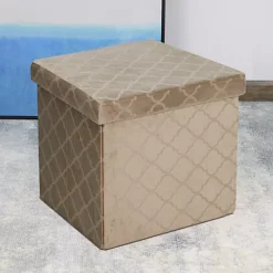 Foldable Velvet Lattice Trellis Storage Box Ottoman Cube 38cmX38cm For Bedroom, Living Room, Hallway - Stone