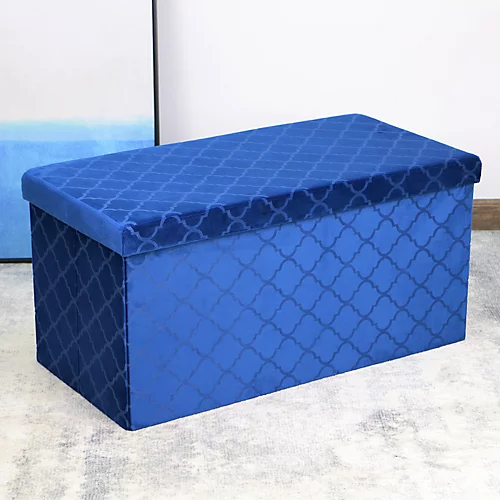 Foldable Velvet Lattice Trellis Storage Box Ottoman Cube 76cmX38cm For Bedroom, Living Room, Hallway - Navy 3 Foldable Velvet Lattice Trellis Storage Box Ottoman Cube 76cmX38cm For Bedroom, Living Room, Hallway - Navy