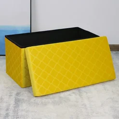 Foldable Velvet Lattice Trellis Storage Box Ottoman Cube 76cmX38cm For Bedroom, Living Room, Hallway - Ochre Yellow -Furniture Store foldable velvet lattice trellis storage box ottoman cube 76cmx38cm for bedroom living room hallway ochre yellow5060905540464 03c MP