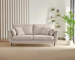 Furniturebox Ida Cream Multitone 3 Seater Upholstered Linen Sofa With Scatter Cushions And Birch Wood Frame