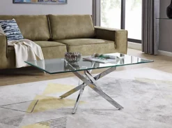 Furniturebox Leonardo Rectangular Glass Coffee Table With Silver Chrome Metal Angled Starburst Legs For Modern Living Rooms