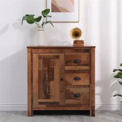 FurnitureHMD Rustic 1 Door 3 Drawer Sideboard Storage Unit Corner Cabinet Free Standing Organiser Metal Handle