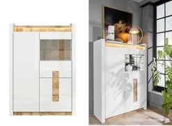 Glass Display Cabinet Buffet Shelving Unit LEDs White Gloss Oak Effect Alameda