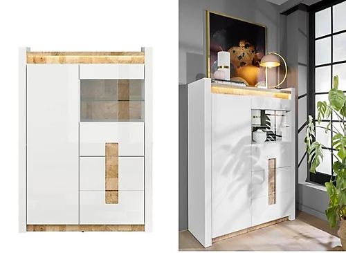 Glass Display Cabinet Buffet Shelving Unit LEDs White Gloss Oak Effect Alameda 3 Glass Display Cabinet Buffet Shelving Unit LEDs White Gloss Oak Effect Alameda