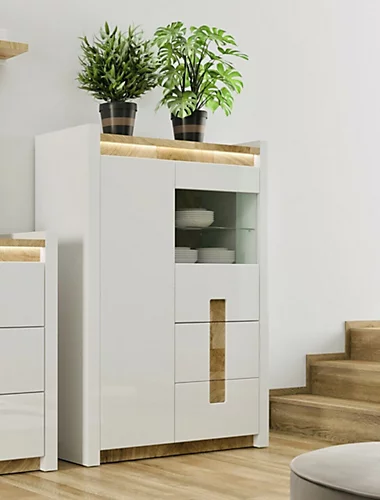 Glass Display Cabinet Buffet Shelving Unit LEDs White Gloss Oak Effect Alameda 5 Glass Display Cabinet Buffet Shelving Unit LEDs White Gloss Oak Effect Alameda - Image 3