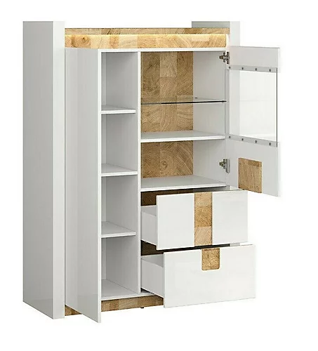 Glass Display Cabinet Buffet Shelving Unit LEDs White Gloss Oak Effect Alameda 6 Glass Display Cabinet Buffet Shelving Unit LEDs White Gloss Oak Effect Alameda - Image 4