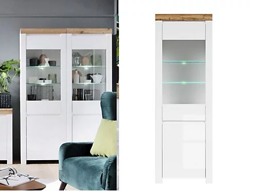 Glass Display Cabinet Tall Slim Unit Soft Close LED Light White Gloss Oak Holten 3 Glass Display Cabinet Tall Slim Unit Soft Close LED Light White Gloss Oak Holten