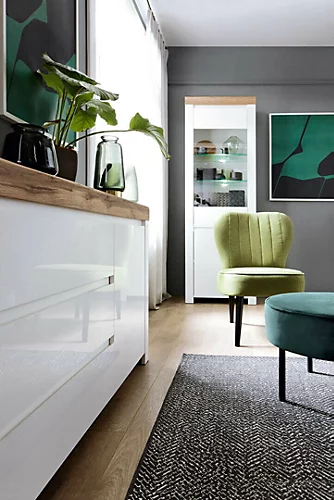 Glass Display Cabinet Tall Slim Unit Soft Close LED Light White Gloss Oak Holten 4 Glass Display Cabinet Tall Slim Unit Soft Close LED Light White Gloss Oak Holten - Image 2