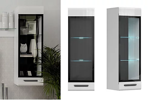 Glass Display Cabinet Wall Mounted Slim Shelf Unit LED Light White Gloss Assen 4 Glass Display Cabinet Wall Mounted Slim Shelf Unit LED Light White Gloss Assen - Image 2