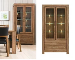 Glass Door Display Cabinet Tall Wide 98cm Soft Close LEDs Medium Oak Effect Gent