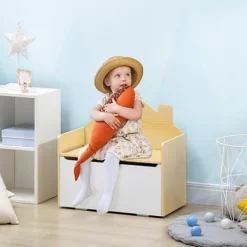 HOMCOM 2 In 1 Toy Box Storage Bench Kids Toy Chest With Lid Pressure Rod White