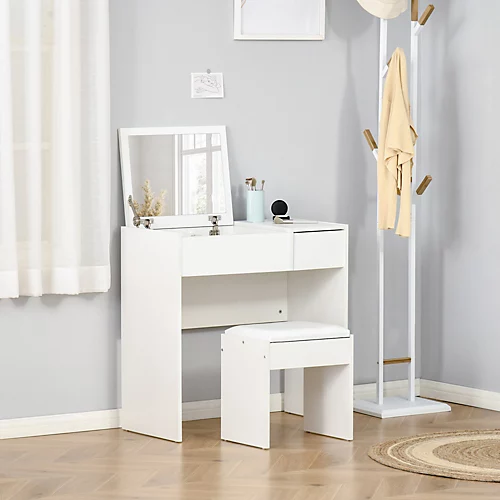 HOMCOM Dressing Table Set With Flip-up Mirror Padded Stool Sliding Drawer White 3 HOMCOM Dressing Table Set With Flip-up Mirror Padded Stool Sliding Drawer White