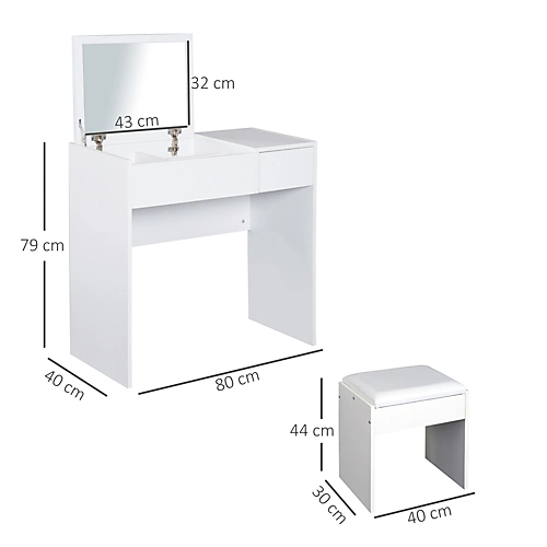 HOMCOM Dressing Table Set With Flip-up Mirror Padded Stool Sliding Drawer White 5 HOMCOM Dressing Table Set With Flip-up Mirror Padded Stool Sliding Drawer White - Image 3