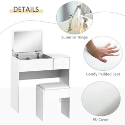 HOMCOM Dressing Table Set With Flip-up Mirror Padded Stool Sliding Drawer White 9 HOMCOM Dressing Table Set With Flip-up Mirror Padded Stool Sliding Drawer White -Furniture Store homcom dressing table set with flip up mirror padded stool sliding drawer white5055974891234 06c MP