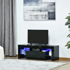 HOMCOM High Gloss TV Stand Cabinet W/ LED RGB Lights And Remote Control Black 130cm