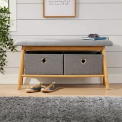 Home Source Jenson Bamboo Grey Padded Storage Bench Hallway Unit With 2 Pull Out Storage Boxes -Furniture Store home source jenson bamboo grey padded storage bench hallway unit with 2 pull out storage boxes5056065460797 03c MP
