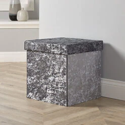 Home Source Sofia Crushed Velvet Square Folding Storage Ottoman Ice Grey