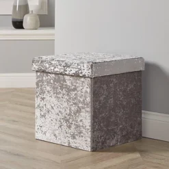 Home Source Sofia Crushed Velvet Square Folding Storage Ottoman Ice Silver