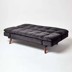 Homescapes Bailey Velvet Sofa Bed With Armrests, Black -Furniture Store homescapes bailey velvet sofa bed with armrests black5056280717713 03c MP