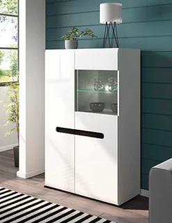 Large Display Cabinet Glass Door Unit Buffet With LED Light White Gloss Azteca