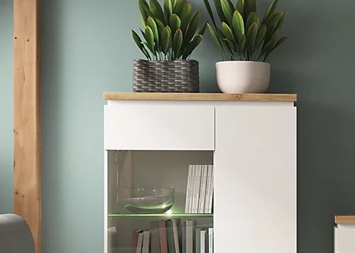 Large Glass Display Cabinet LED Light Buffet Unit White Gloss Oak Finish Erla 4 Large Glass Display Cabinet LED Light Buffet Unit White Gloss Oak Finish Erla - Image 2