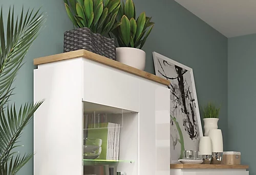 Large Glass Display Cabinet LED Light Buffet Unit White Gloss Oak Finish Erla 5 Large Glass Display Cabinet LED Light Buffet Unit White Gloss Oak Finish Erla - Image 3