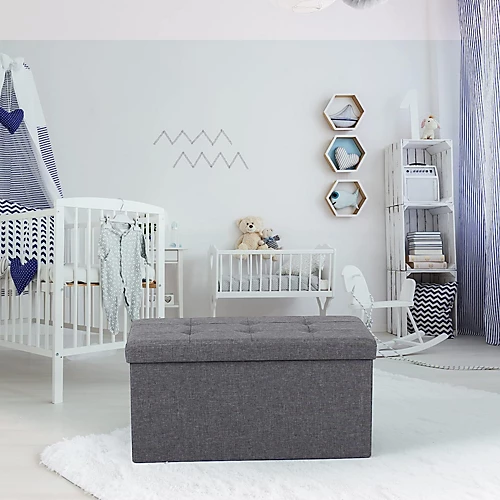 Large Ottoman Foldaway Storage Blanket Toy Box Bench Twill Linen With Buttons 76x38cm Grey