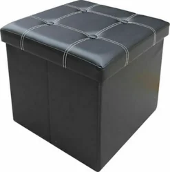 Large Single Ottoman Faux Leather Stool Folding Seat Foldable Storage Box Black