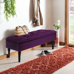 Livingandhome Dark Purple Velvet Ottoman Bench With Rubberwood Legs