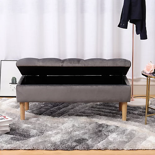 Livingandhome Grey Velvet Ottoman Bench Storage Footstool With Rubber Wooden Leg 4 Livingandhome Grey Velvet Ottoman Bench Storage Footstool With Rubber Wooden Leg - Image 2