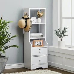 Livingandhome White 2 Lockable Drawer Bedside Table With 2 Tier Display Shelf W 370mm X D 300mm X H 1145mm