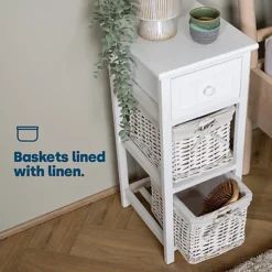 LIVIVO 2 Drawer 'Shabby Chic' Wooden Bedside Cabinet - With A Stylish Cloth Lined Wicker Storage Basket Organiser (White) -Furniture Store livivo 2 drawer shabby chic wooden bedside cabinet with a stylish cloth lined wicker storage basket organiser white 5056295306568 03c MP