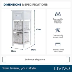 LIVIVO 2 Drawer 'Shabby Chic' Wooden Bedside Cabinet - With A Stylish Cloth Lined Wicker Storage Basket Organiser (White) -Furniture Store livivo 2 drawer shabby chic wooden bedside cabinet with a stylish cloth lined wicker storage basket organiser white 5056295306568 04c MP
