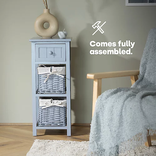 LIVIVO Grey 'Shabby Chic' Wooden Bedside Cabinet Unit - Stylish Cloth Lined Wicker Storage Basket Organiser 4 LIVIVO Grey 'Shabby Chic' Wooden Bedside Cabinet Unit - Stylish Cloth Lined Wicker Storage Basket Organiser - Image 2