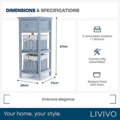 LIVIVO Grey 'Shabby Chic' Wooden Bedside Cabinet Unit - Stylish Cloth Lined Wicker Storage Basket Organiser 9 LIVIVO Grey 'Shabby Chic' Wooden Bedside Cabinet Unit - Stylish Cloth Lined Wicker Storage Basket Organiser -Furniture Store livivo grey shabby chic wooden bedside cabinet unit stylish cloth lined wicker storage basket organiser5056295306575 04c MP