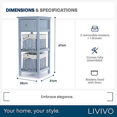 LIVIVO Grey 'Shabby Chic' Wooden Bedside Cabinet Unit - Stylish Cloth Lined Wicker Storage Basket Organiser 6 LIVIVO Grey 'Shabby Chic' Wooden Bedside Cabinet Unit - Stylish Cloth Lined Wicker Storage Basket Organiser - Image 4
